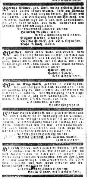 Death notices published in Westliche Post on April 19, 1893.