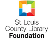 St. Louis County Library Foundation black text under multicolor square with white open book in the middle