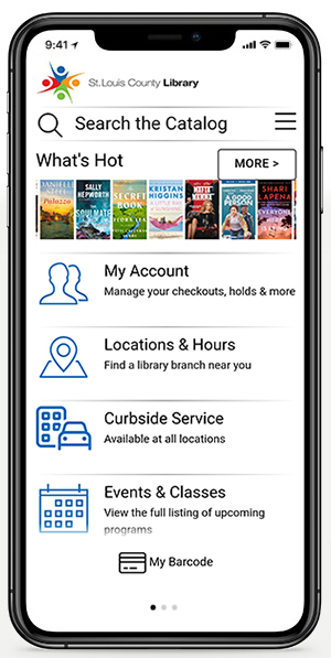 SLCL app displayed on a phone with a search the catalog box, What's Hot book covers displayed in a row, My Account links along with other links