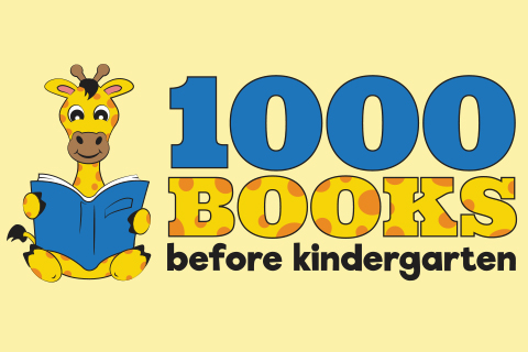 Sitting giraffe holding a blue book open with the text 1000 Books Before Kindergarten to the right on a pale yellow background