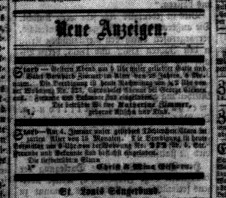 Black and white death notice with column heading Neue Anzeigen