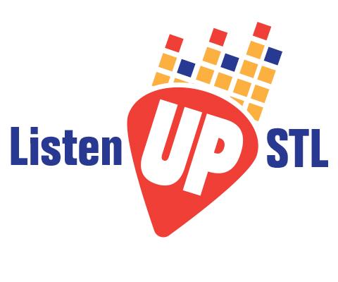 Listen Up STL blue text on white background with up in white on red guitar pick