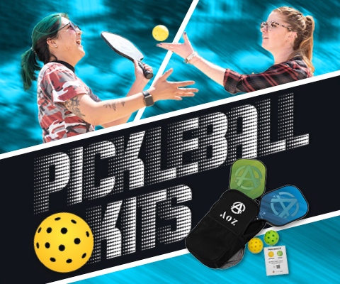 PIckleball Kits in gradient white gray text with photo of kit contents and two people outside playing