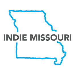 Indie Missouri dark grey text on blue outline of Missouri on white background