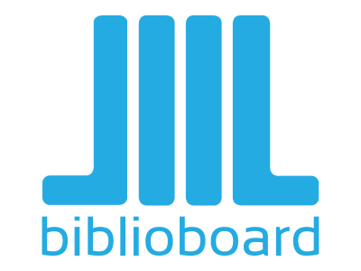 biblioboard in bright blue text below bookshelf looking logo in same color on white