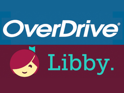 Split image with Overdrive in white text on blue on top of Libby in teal text on burgundy with a head icon of a girl