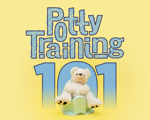 Potty Training 101. Stuffed bear sitting on potty training seat.