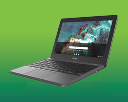 Open Chromebook on a green gradient background