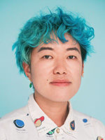 Lio Min headshot with their teal hair, white button down shirt with various images against a light teal background