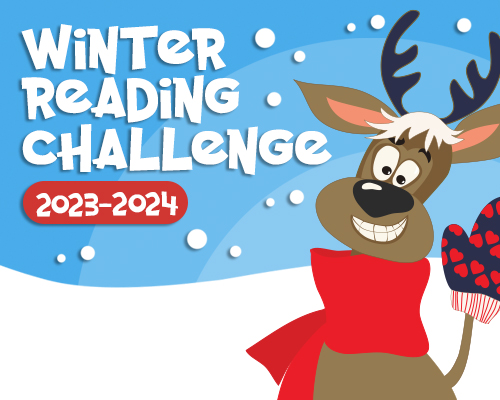 Winter Reading Challenge 2023-2024 white text with smiling brown reindeer wearing a red scar holding up a hoof covered in a red plaid mitten