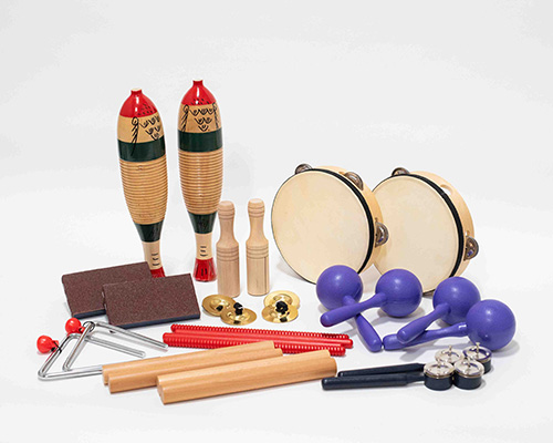 Instruments including finger cymbals, triangle sets, tambourines, maracas and sand blocks. 