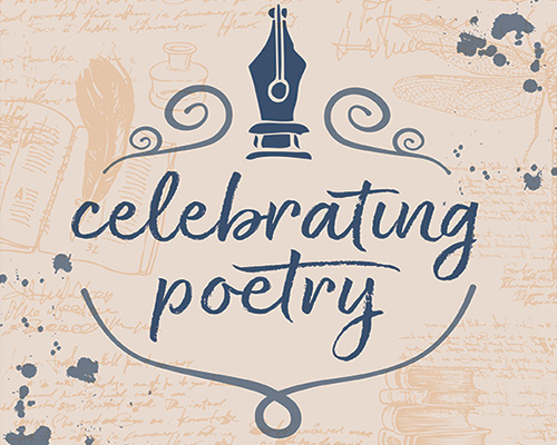 Celebrating Poetry in lowercase dark blue script text on beige background