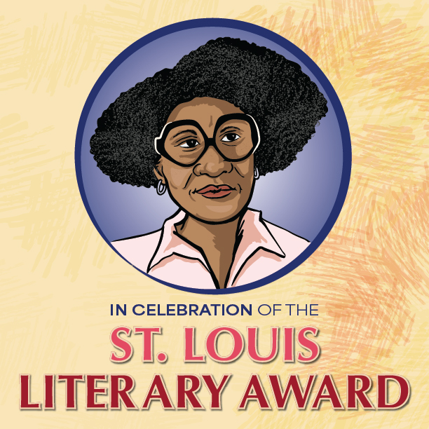 In Celebration of the St. Louis Literary Award in dark red text with illustration of 2024 St. Louis Literary Award recipient Jamaica Kincaid in the center circle