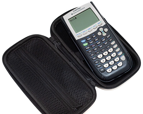 Graphing calculator with SLCL displayed on screen sitting in an open black case
