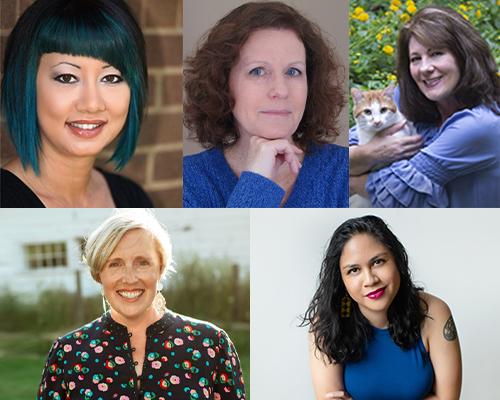 Cozy Con Authors - color photos of Diane Kelly, Vivien Chien, Mia P. Manansala, Ellie Alexander, and Korina Moss