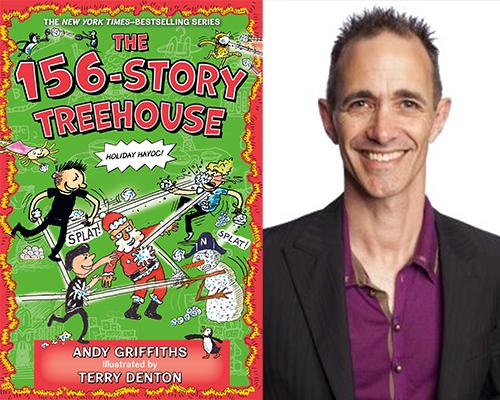 Andy Griffiths - “The 156-Story Treehouse: Holiday Havoc!” book cover and color author photo
