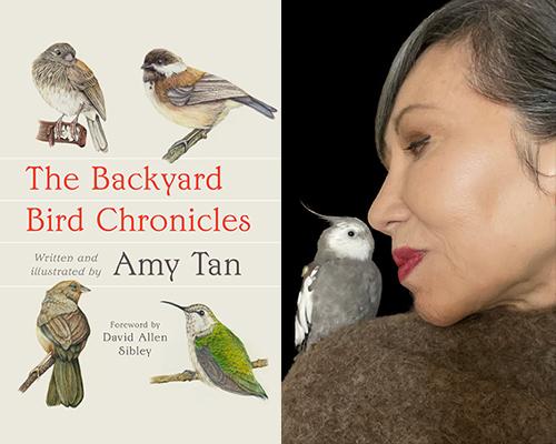 Amy Tan - "The Backyard Bird Chronicles" book cover and color author photo