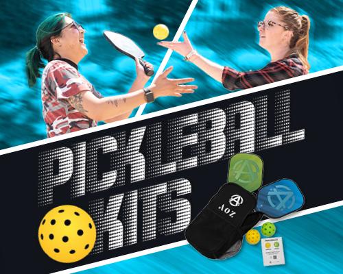 Pickleball kits. Two individuals playing pickleball.